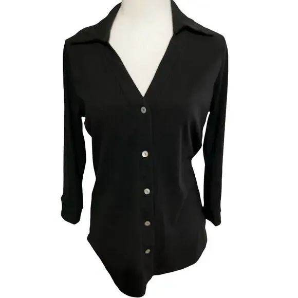 Beacon Apparel Stitch Fix Women's Black Button Up Top 3/4 Sleeve Ribbed NWT Sz M - Picture 2 of 8